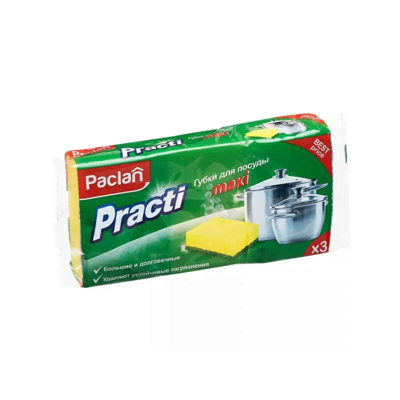 Губка для мытья посуды, поролон, 95x65x35мм, желтый, 3шт/упак, Paclan Practi maxi, абразив-0