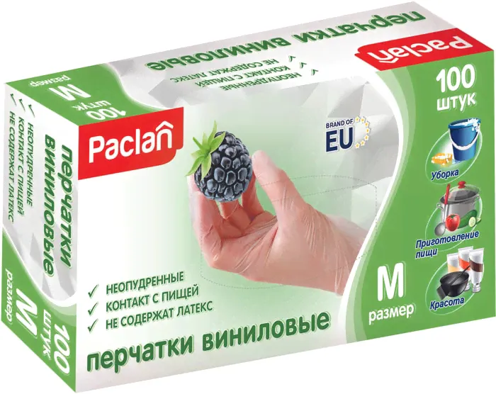 Перчатки Paclan виниловые размер M 100шт.