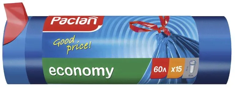 PACLAN Мешки для мусора с завязками ЭКОНОМ 60л 15 шт
