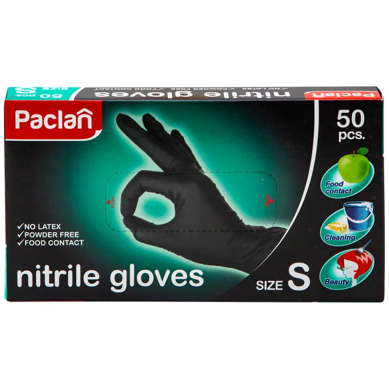 Перчатки Paclan чёрные нитриловые S, 50шт-0