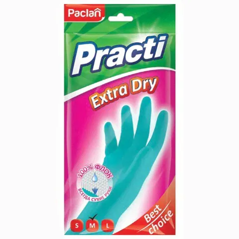 Перчатки латексные Practi Extra Dry, хлоп. напыление, р.M, PACLAN (бирюзовые)-0